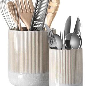 LE TAUCI Utensil Holder for Kitchen Counter, 7.3"+5.4" Fluted Ceramic Utensil Crock Organizer for Countertop, Heavy Large Holder for Spatulas, Spoons, Set of 2, Gray Marble
