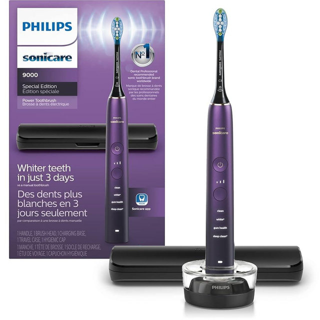 Philips Sonicare DiamondClean 9000 Electric Toothbrush - Sonic Toothbrush with App, Pressure Sensor, 12 Brushing Settings, Replacement Reminder, Charging Stand, Travel Case, Amethyst, HX9911/91