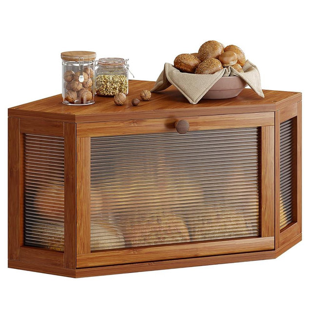 WOWLIVE Corner Bread Box for Kitchen Countertop, Bamboo Bread Storage Container, Large Farmhouse Bread Holder with Acrylic Wavy Door Panel, Multi-functional Container, Caramel