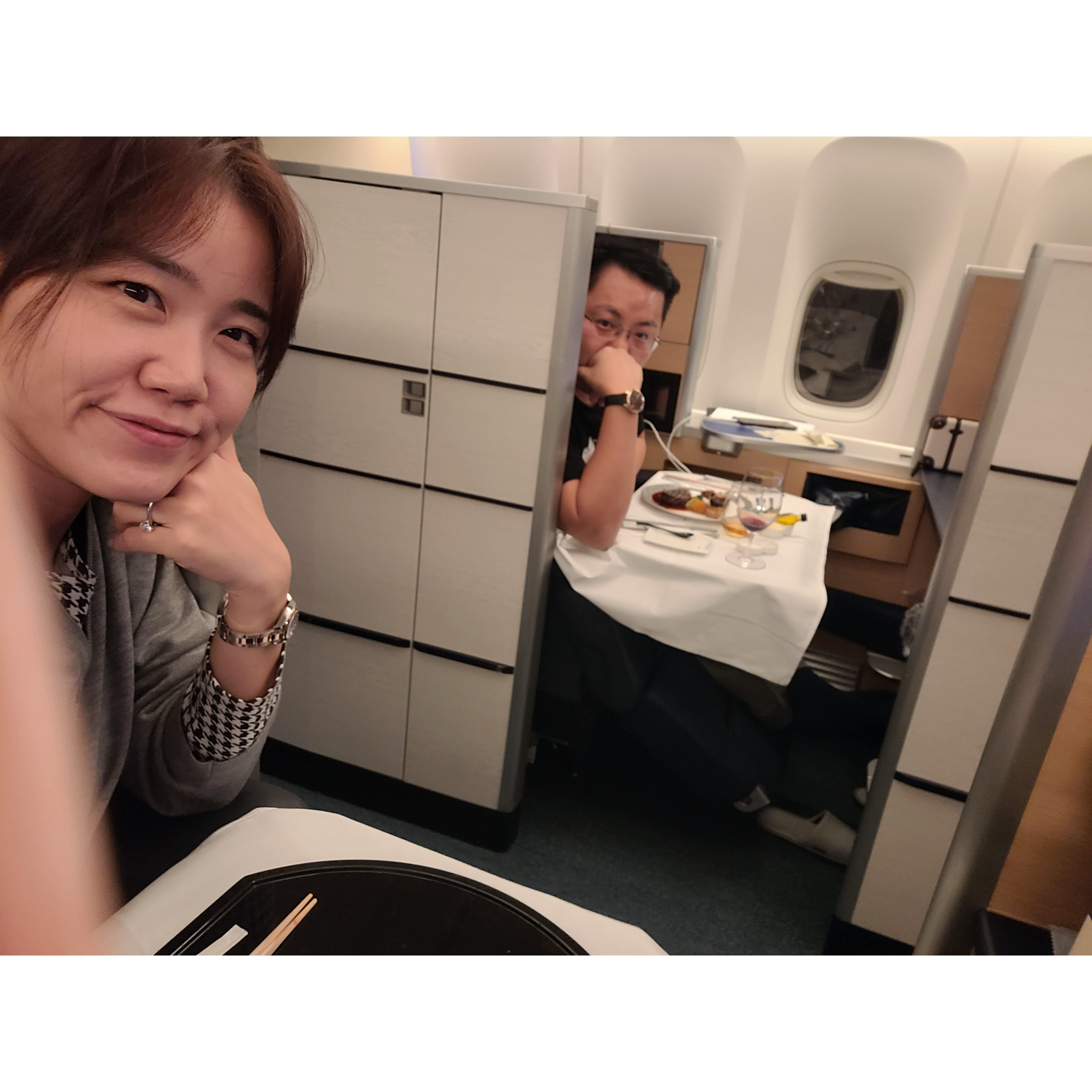 To celebrate Daniel's birthday and promotion, we treated ourselves to first-class suites on our flight to Japan. The 10-hour flight was amazing and felt too short! Thank you for your hard work ;)