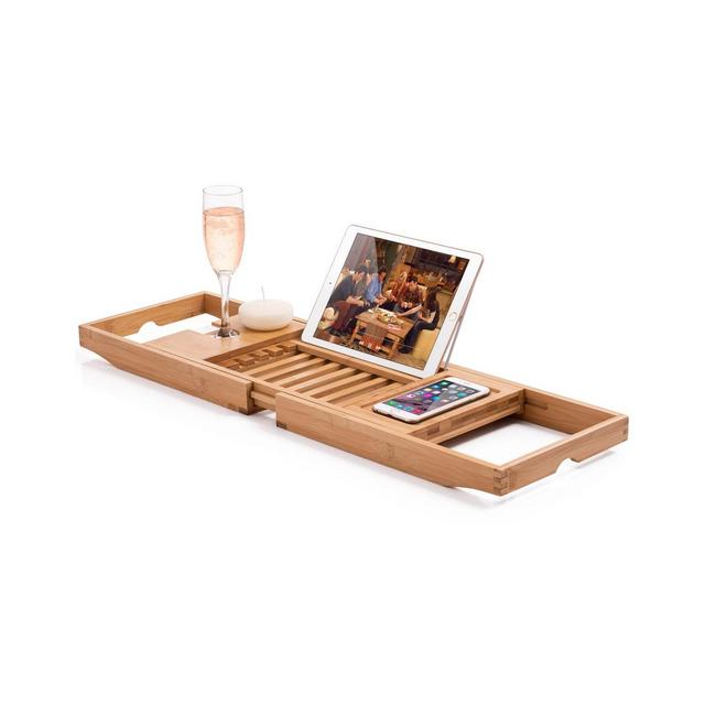 Bambusi Bathtub Caddy with Extendable Sides, Wine Glass Holder, Book Stand and Phone Tray, Natural