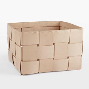 Woven Leather Basket, Natural, Rectangle - 12"L x 12"W x 8"H