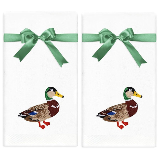 JarThenaAMCS 2 Pack Mallard Duck Hand Towels Duck Embroidered Cotton Dish Towel for Bathroom Hand Drying Kitchen Cleaning Towel Gift Set, 29.5 x 13.7 Inch