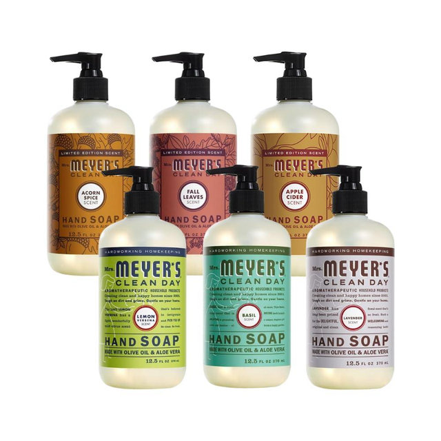 Mrs. MEYER'S CLEAN DAY Liquid Hand Soap 6 Pack Variety, Lavender, Lemon Verbena, Basil, Acorn Spice, Apple Cider, Fall Leaves, 12.5 OZ Each, 1 CT