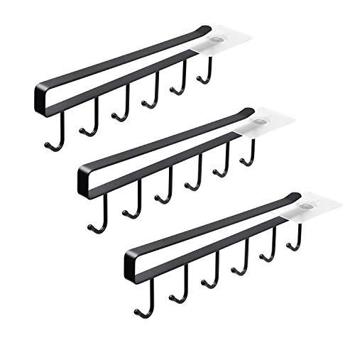ECROCY Adhesive Cup Holder Under Cabinet - 3pcs x 6 Hook Coffee Cup Mug Holder for Kitchen, Fit for 1 Inch Thickness Shelf or Less