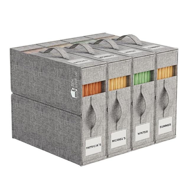 4 Pack Sheet Storage Box (King & Queen Size) with handle, Foldable Sheet Set Organizer for Closet, Sheet Organizer for Blanket, Coverlet and Towel, Grey