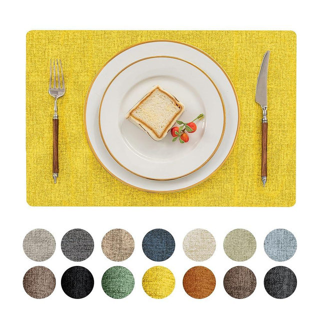 Romanstile Vinyl Placemats Set of 8-12 X 17 Inch - Heat Resistant Place Mats 100% Waterproof Oilproof Wipeable Reversible Faux Leather Table Mats for Kitchen, Dining, Party, Outdoor, Yellow