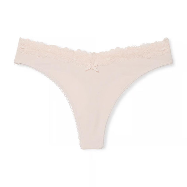 Body by Victoria Stretch Cotton Lace-Waist High-Leg Scoop Thong Panty