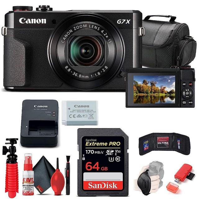 Canon PowerShot G7 X Mark II Digital Camera (1066C001), 64GB Memory Card, Card Reader, Soft Bag, Flex Tripod, Hand Strap, Memory Wallet, Cleaning Kit (International Model) (Renewed)