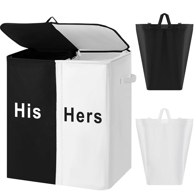 DoubleFill 154L Large Double Laundry Hamper with Lid and Removable Bags Laundry Basket 2 Section Collapsible Dirty Clothes Hamper for Bathroom Bedroom for Husband&Wife Parents or Couple(His Hers)