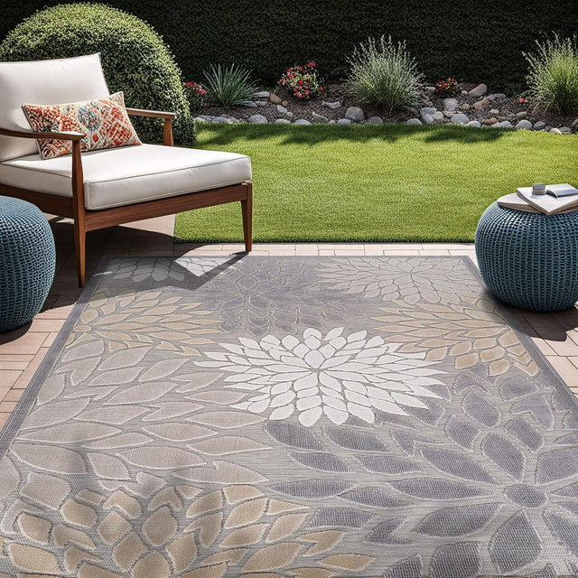 Beverly Rug Outdoor Rug 5x7 Modern Floral Tropical Area Rugs for Indoor and Outdoor Patio Easy to Clean Non Shedding Living Room Porch Garden Washable Outside Carpet (5 x 7 Gray)