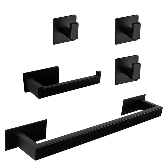 Vanloory 5 Pieces Self Adhesive Bathroom Hardware Set-SUS304 Stainless Steel-Towel Rack Set Include 16″Towel Bar+Toilet Paper Holder+3 Towel/Robe Hooks Bathroom Accessory (Matte Black, 16 in)