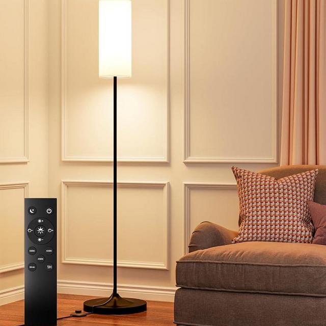 luckystyle LED Floor Lamp for Living Room, Dimmable Standing Lamps with Foot Switch and Remote Custom Color Temperature Black Pole Lamp with Lampshade and Bulb, Tall Lamps for Bedroom Office Kids Room