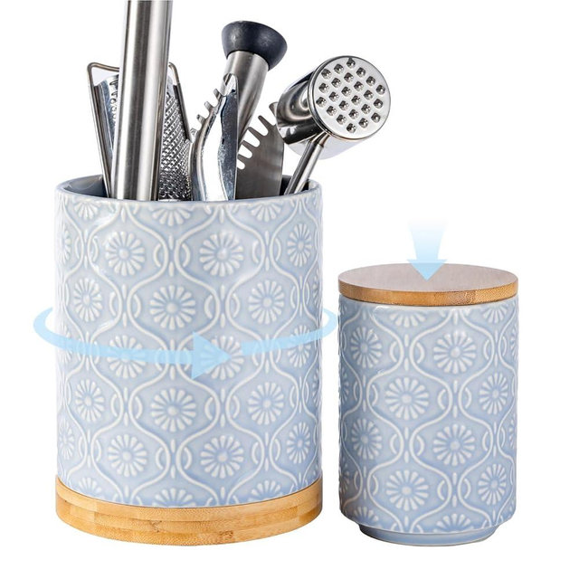 TEATALK Ceramic Utensil Holder Set, 360° Rotating Organizer for Countertop, Farmhouse Vintage Style, Large and Small Crocks in Light Blue，7.7"+5.7", Light Blue