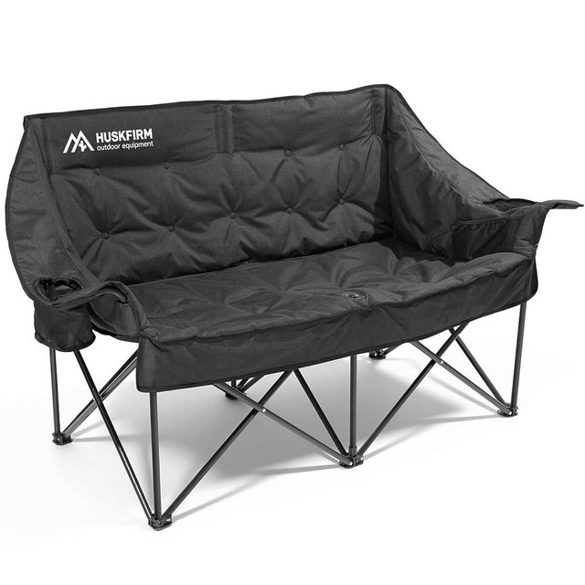 Huskfirm Double Camping Chair Padded Camping Chairs Heavy Duty 2 Person Camping Chair Oversized Loveseat Camping Chair with Cup Holders Camping Couch Support 800LBS,Black