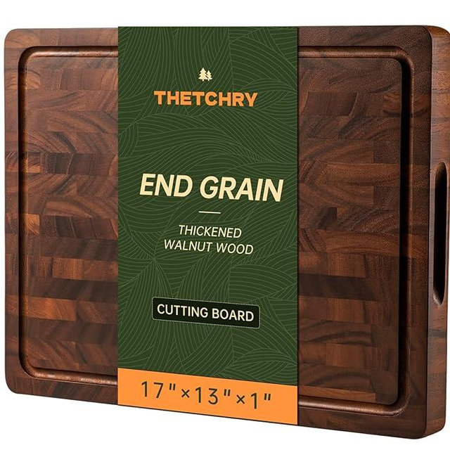 THETCHRY Walnut Cutting Boards for Kitchen, End Grain Wooden Cutting Board, Large Chopping Board Double Sided with Handle, Thick Butcher Block Charcuterie Meal Prep & Serving with Gift Box, 17"×13"×1"