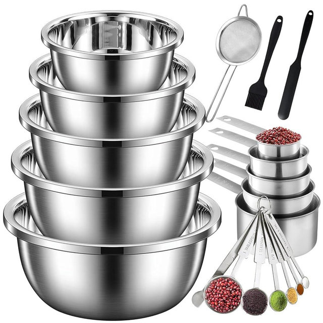 ATPWONZ Mixing Bowls Stainless Steel, 20 Pcs Mixing Bowl Set with Nesting Mixing Bowls, Fine Mesh Strainer, Jar Spatula, Brush, Metal Measuring Cups and Spoons Set, for Cooking, Baking, Mixing, Salad