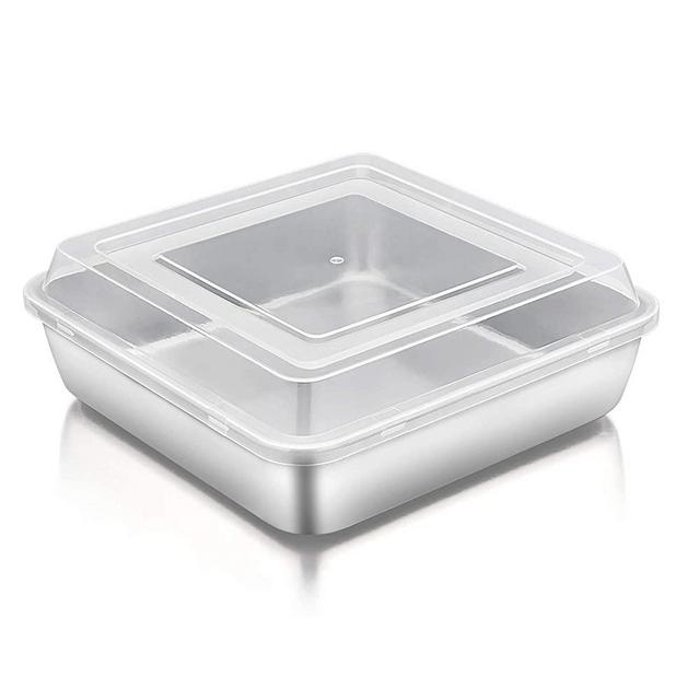 TeamFar Square Cake Pan with Lid, 8 Inch Square Baking Pan Stainless Steel Cake Brownie Pan with Lid For Meal Prep Storage Transporting Food, Healthy & Durable, Dishwasher Safe & Easy Clean