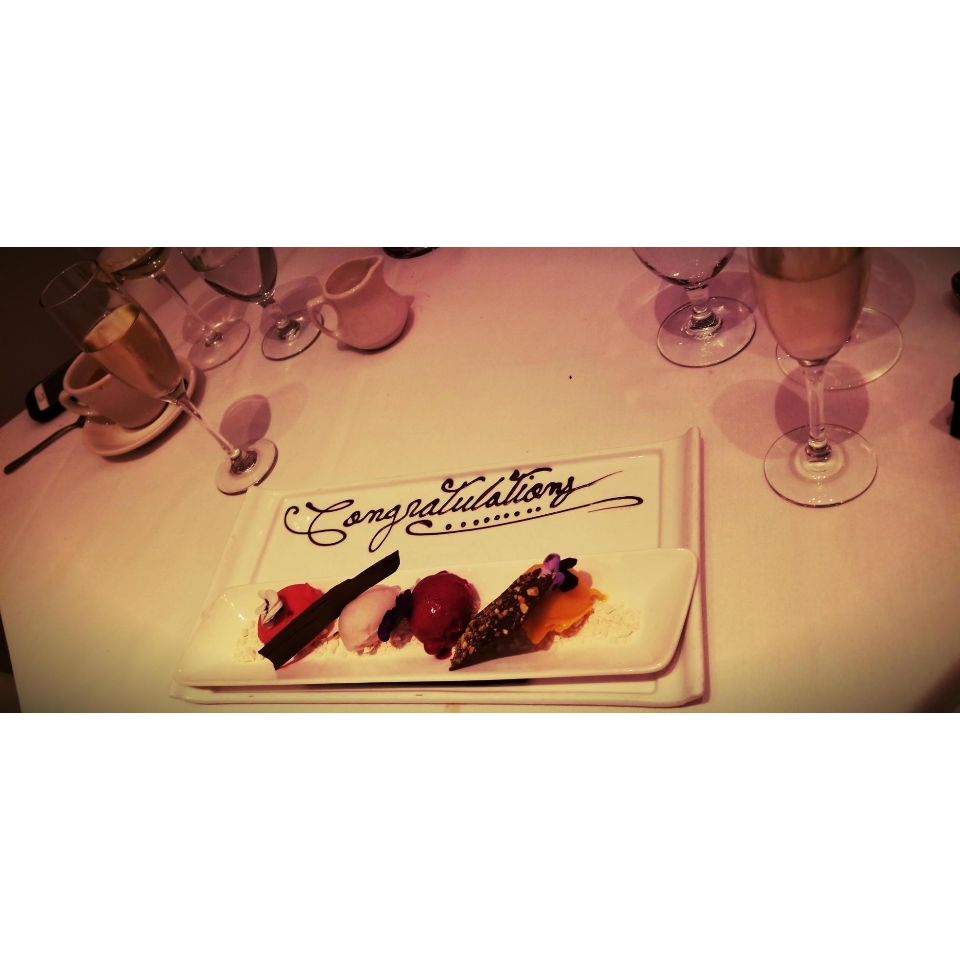Our engagement surprise desert at Le Mistral.