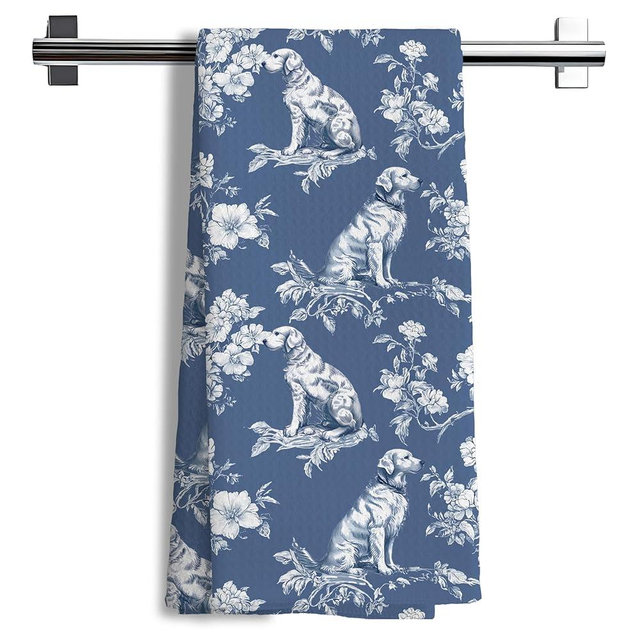 Nipi Blue Chinoiserie Golden Retriever Kitchen Towels, Blue and White Floral Golden Retriever Decorative Dish Tea Towels, Grandmillennial Botanical Dog Hand Towels for Kitchen Bathroom, 16x24 Inch