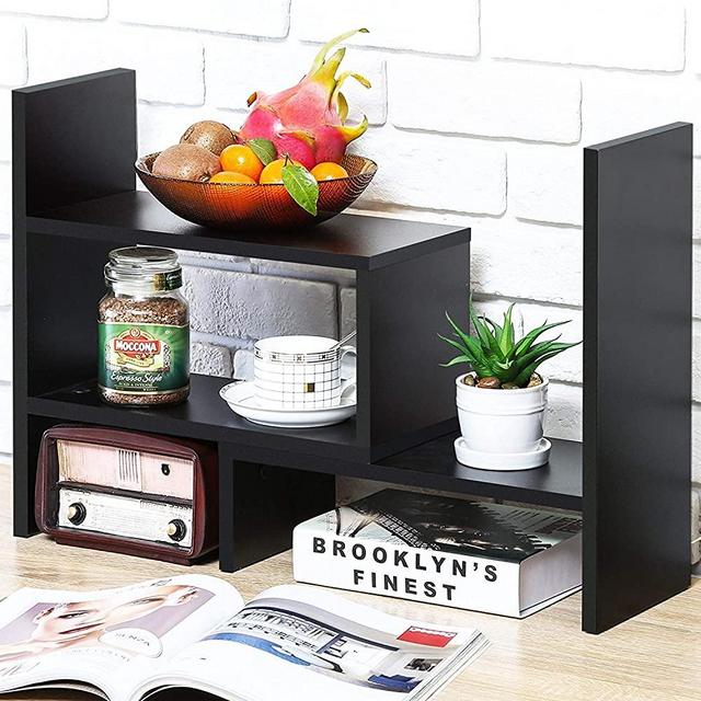 Desktop Bookshelf Desk Storage Organizer Adjustable Wood Desktop Display Shelf Rack Counter Office Storage Rack Top Bookcase - Free Style Display Natural Stand Office Supplies Desk Organizer, Black