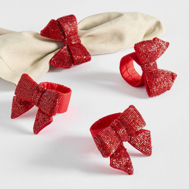 Beaded Bow Napkin Rings, Set of 4 - Red