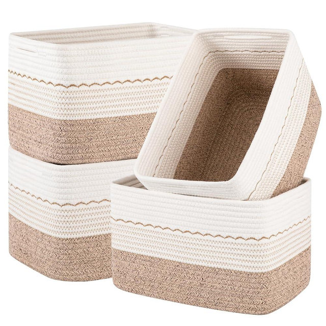OIASKET 4 Pack Storage Baskets for Organizing, 13"X9"X7.87", Decorative Cotton Rope Baskets for Shelves, Small Woven Basket for Toys, Books and Towels, Brown & White