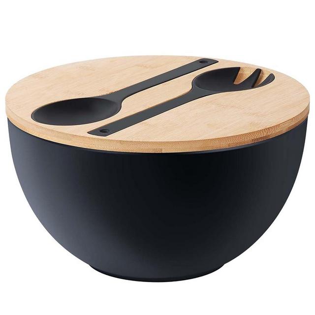 ECOHAGOU 12.6" Extra Large Salad Serving Bowl Set with Wooden Lid&Utensils, 8.4Qt., Bamboo Fiber Salad Bowl with Servers for Kitchen, Big Bowl for Mixing Salad,Fruit,Pasta (Matte Black)