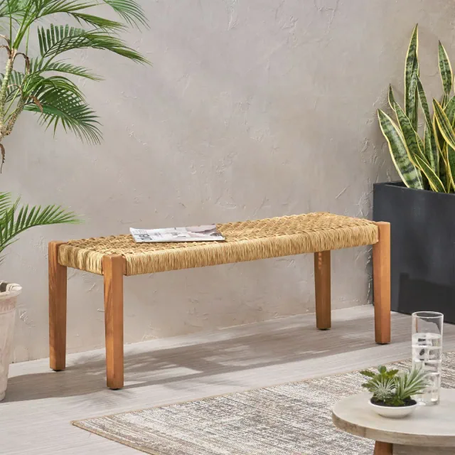 Christopher Knight Home Angie 43" Outdoor Acacia Wood and Wicker Bench, Teak/Brown