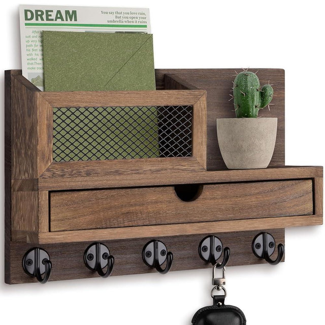 Lucundm Key Holder Wall Mount, Key Holder for Wall with 5 Key Hooks and Storage Drawer Mail Organizer for Entryway Living Room Farmhouse Home Decor