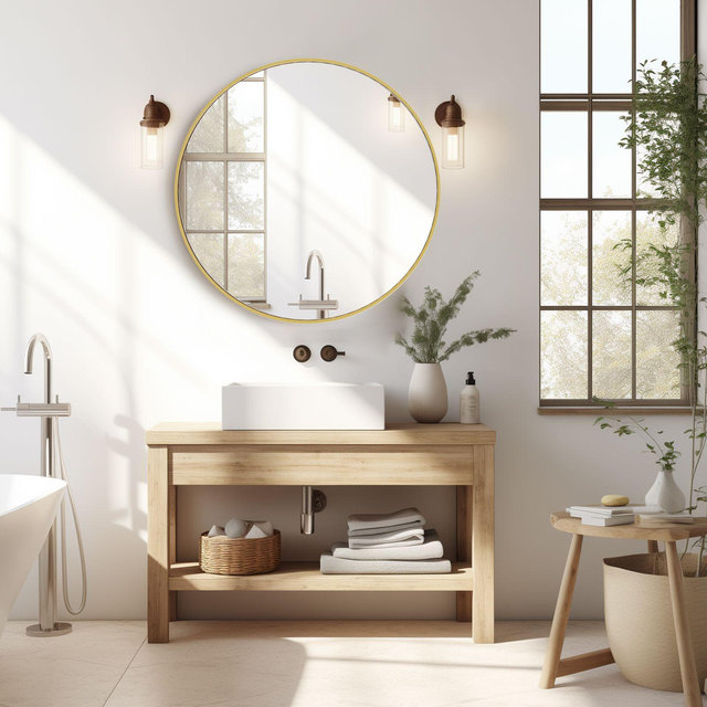 24 x 24 Metal Round Wall Mirror| FIRNEWST - Gold