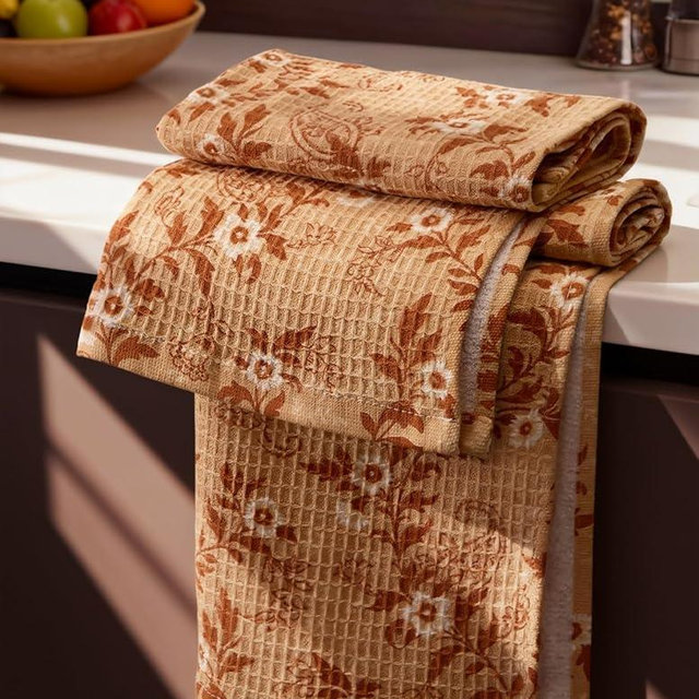 Miss Adola Cotton Waffle Kitchen Towels – Cute 370 GSM 16x25 Inch Terry Cloth Waffle Decorative Dishcloth for Kitchen Set of 2 with Hanging Loop Absorbent Hand Tea Towel for Home Design, Rustic Flower