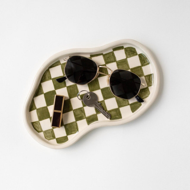 Wavy Ceramic Green Checkered Trinket Tray, Catchall Dish for Rings and Keys