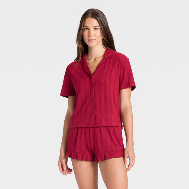 Women's Pointelle Notch Collar Shirt and Shorts Pajama Set - Wild Fable™ Burgundy L