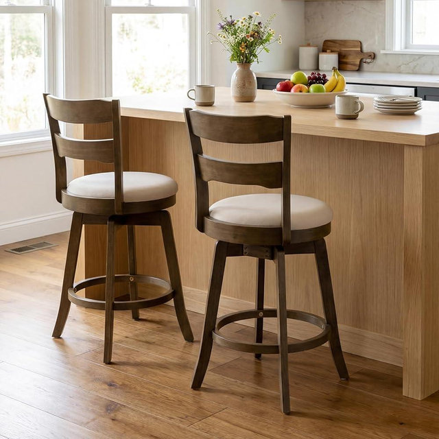 COSTWAY 25” Swivel Counter Barstools Set of 2, 360° Rotating Counter Height Chairs with Backrest & Upholstered Seat, Rubber Wood High Top Seats with Footrest for Dining Room, Kitchen Island (2,25")