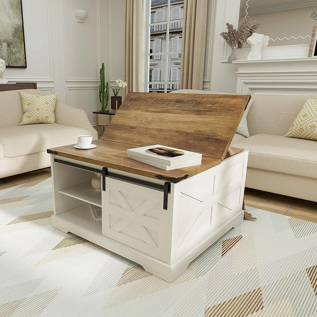 Tltaroni Farmhouse Coffee Table, Wood Square Coffee Tables with Flip-Top Lids Rustic Center Table with with Hidden Storage Compartment Cocktail Tables for Living Room