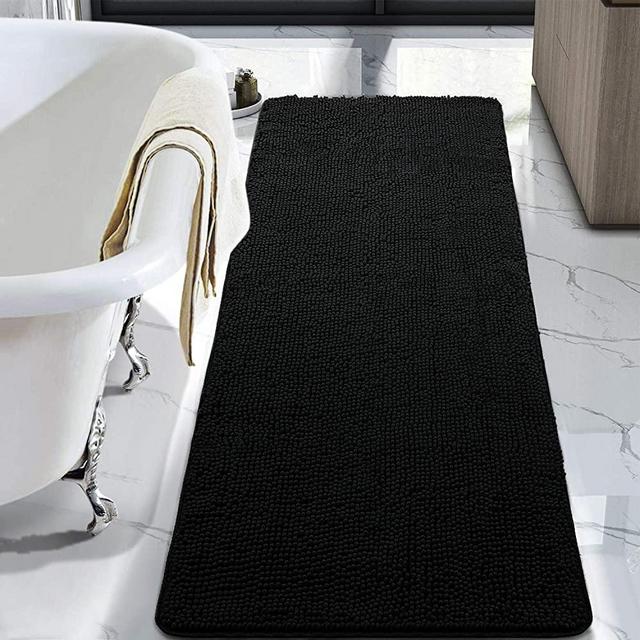 LOCHAS Luxury Bathroom Rug Shaggy Bath Mat 24 x 70 Inch, Washable Non Slip Bath Rugs for Bathroom Shower, Soft Plush Chenille Absorbent Carpets Mats, Black