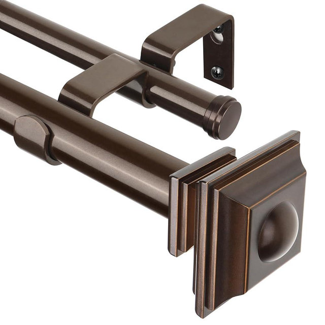 KAMANINA 1 Inch Double Curtain Rod 36 to 72 Inches (3-6 Feet) Telescoping Antique Bronze Curtain Rods for Windows 24 to 68 Inches, Heavy Duty Drapery Rods with Square Finials
