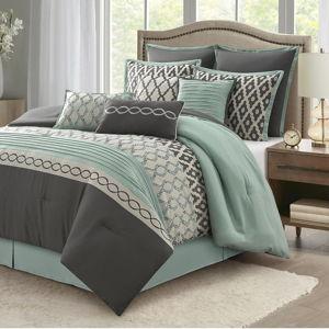 Queen Comforter Set, Blue Grey, 10 Piece Bed in a Bag for All Seasons, Luxury Extreme Comfort Bedding Sets with Bedskirt, Pillow Shams, Euro Shams and Decor Pillows