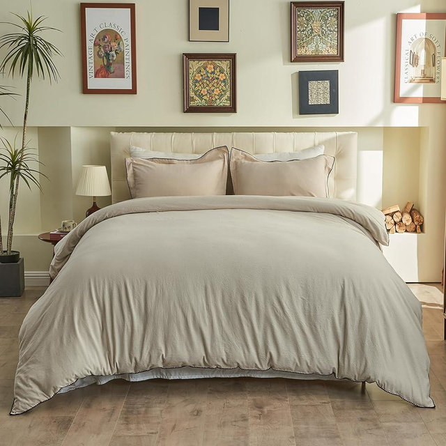 BISELINA 100% Washed Cotton Duvet Cover Set 3 Pieces with Triangle Hem Solid Colour Linen Durable, Breathable, Soft, Comfortable & Chic Bedding (Queen, Beige)