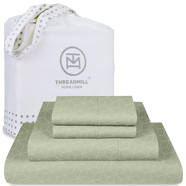 Threadmill Egyptian Cotton Queen Sheet Set | 100% Certified Egyptian Cotton Bed Sheets for Queen Size Bed | Queen Bed Sheets Set Deep Pocket | Soft Cooling Damask Jacquard Bedding Set | Sage Green