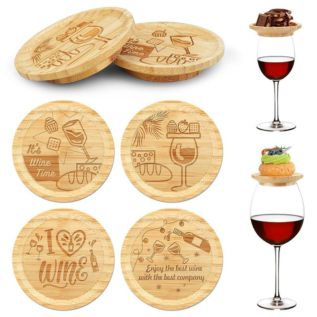 4 PCS Wine Glass Charcuterie Toppers, Wine Glass Topper Charcuterie Plate with Diverse Patterns, Mini Charcuterie Boards for Wine Glasses, Perfect for Family Gatherings, Wine Accessory Gifts