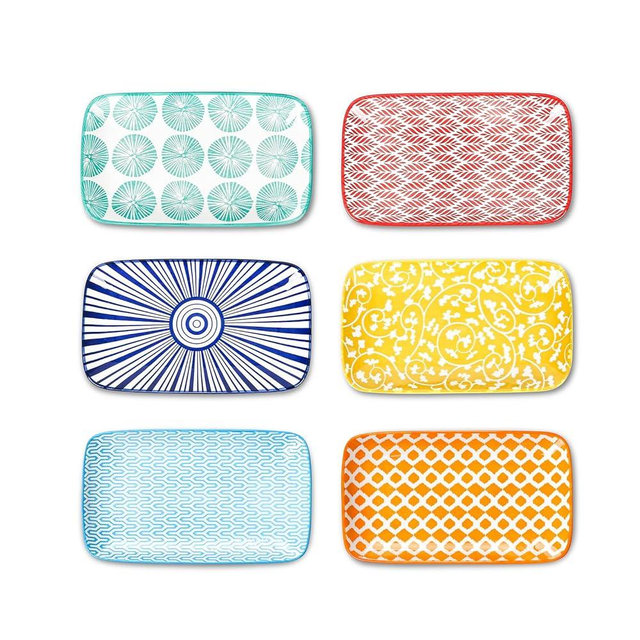 Selamica Rectangular Salad Plates, 7.1 Inch Dessert Plates Ceramic, Small Plates for Appetizer, Snack, Sushi, Fruit, Set of 6, Assorted Colors