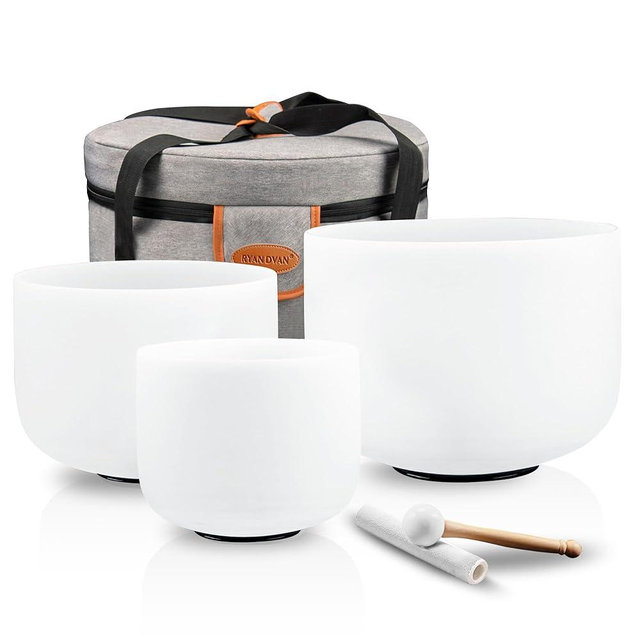 RYAN DVAN 432HZ Crystal Singing Bowl Set of 3, 6"B Crown, 7"A Third Eye, 8"G Throat with Case Suede Striker&O-Ring Sound Therapy for Yoga, Reiki, Chakra Healing Energy Tuning&Mindfulness Kit