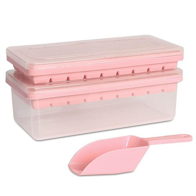 CZWL&HG Ice Cube Trays(Set of 2),2 pack Silicone Ice Trays With Lid and Bin,Flexible Safe Ice Cube Molds Comes with Ice Container, Scoop and Cover(pink)