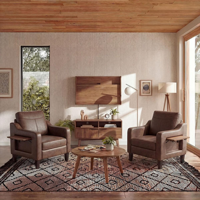 Set of 2 Faux Leather Accent Chair with Foldable Side Table, Armchair for Living Room & Bedroom, Chocolate