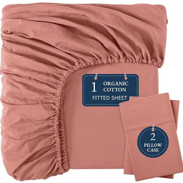 LANE LINEN 100% Organic Cotton Queen Size Fitted Sheet Only (+Pillowcases) 3-Piece Set Soft & Comfy Hotel Style Percale Weave Fully Elasticized Deep Pocket Queen Fitted 15" Deep - Rose Dawn