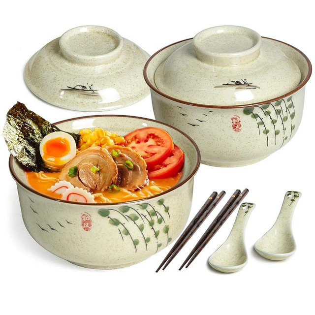 Niturceal Ceramic Ramen Bowl Set of 2, Ramen Noodle Bowl with Lid 27oz Japanese Retro Style Soup, Pho, Udon Bowls, Matching Spoons and Chopsticks for Microwave & Dishwasher Safe, Twig