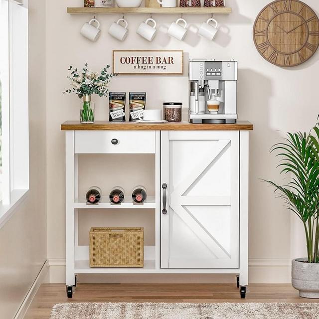 4 EVER WINNER Farmhouse Coffee Cart, Rolling Coffee Bar Cart with Storage Cabinet and Drawer Adjustable Shelf Wine Rack, Kitchen Island for Kitchen Living Dining Room, White