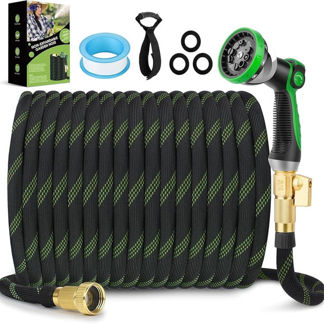 FlexiSolve Garden Hose 75 ft, NON-EXPANDABLE Ultra Lightweight & Flexible Water Hose With 10-Pattern Spray Nozzle, Kink-Resistant, Leak-Proof, 3750D High-Density Fabric & Shut-Off Valve, Hose Straps